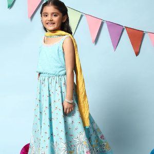 TURQUOISE COTTON SHORT TOP LEHENGA SET