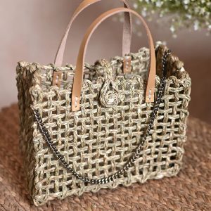 Handmade Sabai Grass Mini Zari Mesh Bag - Natural Gold